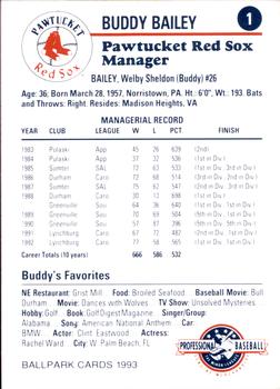 1993 Ballpark Cards Pawtucket Red Sox #1 Buddy Bailey Back