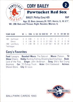 1993 Ballpark Cards Pawtucket Red Sox #2 Cory Bailey Back