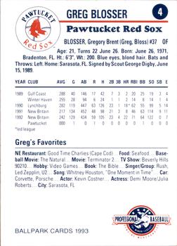 1993 Ballpark Cards Pawtucket Red Sox #4 Greg Blosser Back