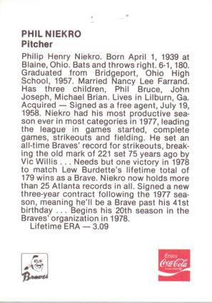 1978 Coca-Cola Atlanta Braves #NNO Phil Niekro Back