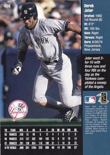 1998 Upper Deck New York Yankees #450 Derek Jeter Back