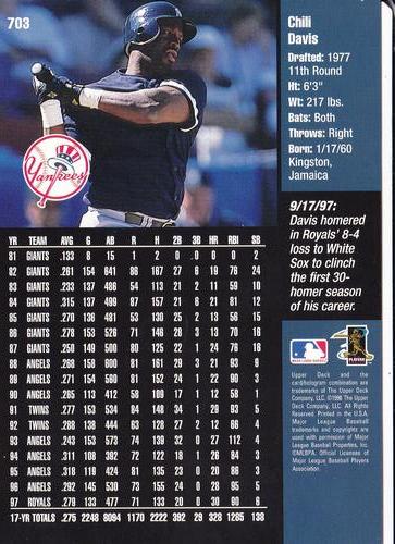 1998 Upper Deck New York Yankees #703 Chili Davis Back