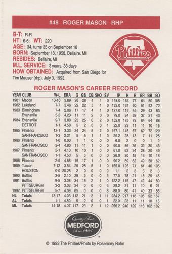 1993 Medford Philadelphia Phillies Photocards Update #NNO Roger Mason Back
