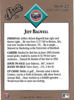1992 Studio - Studio Previews #16 Jeff Bagwell Back