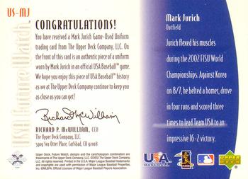 2002 Upper Deck Rookie Update - USA Future Watch Swatches #US-MJ Mark Jurich Back
