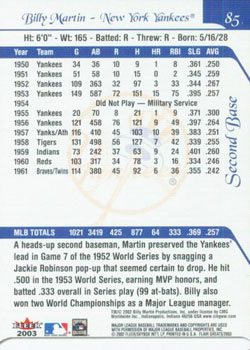 2003 Flair Greats #85 Billy Martin Back