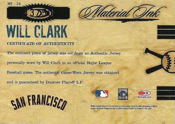 2004 Donruss Timeless Treasures - Material Ink Jersey Number #MI-34 Will Clark Back