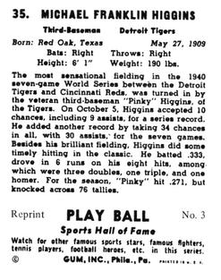 1977 1941 Play Ball Reprint #3 Mike Higgins Back