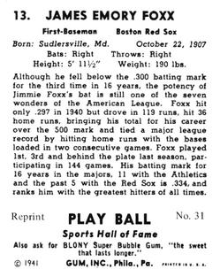 1977 1941 Play Ball Reprint #31 Jimmy Foxx Back