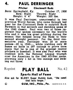 1977 1941 Play Ball Reprint #42 Duke Derringer Back
