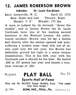 1977 1941 Play Ball Reprint #53 Jimmy Brown Back