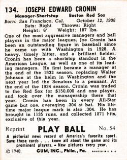 1977 1941 Play Ball Reprint #54 Joe Cronin Back