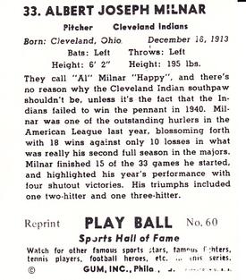 1977 1941 Play Ball Reprint #60 Al Milnar Back