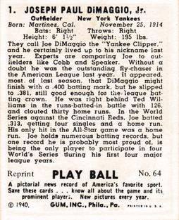 1977 1941 Play Ball Reprint #64 Joe DiMaggio Back