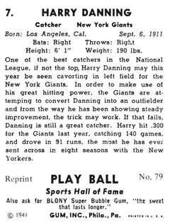 1977 1941 Play Ball Reprint #79 Harry Danning Back
