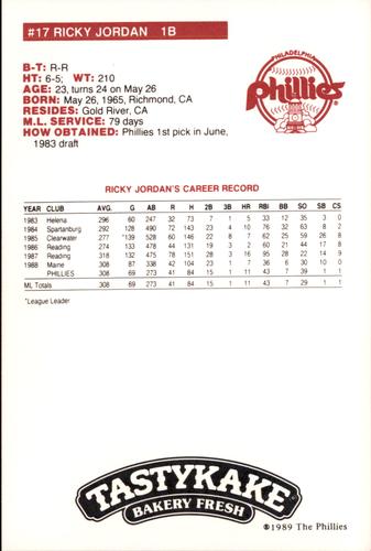 1989 Tastykake Philadelphia Phillies SGA #NNO Ricky Jordan Back