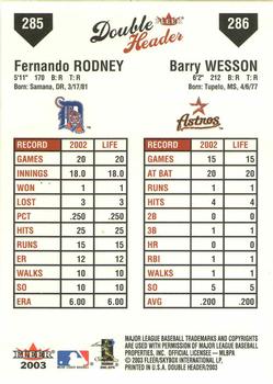 2003 Fleer Double Header #285 / 286 Fernando Rodney / Barry Wesson Back