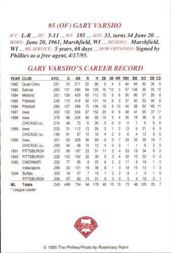 1995 Philadelphia Phillies Photocards #NNO Gary Varsho Back