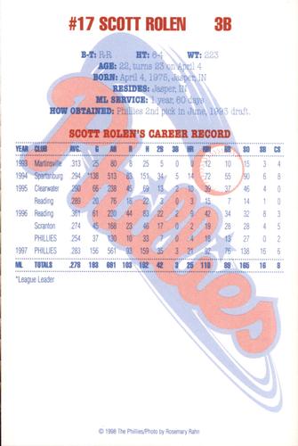 1998 Philadelphia Phillies Photocards #NNO Scott Rolen Back