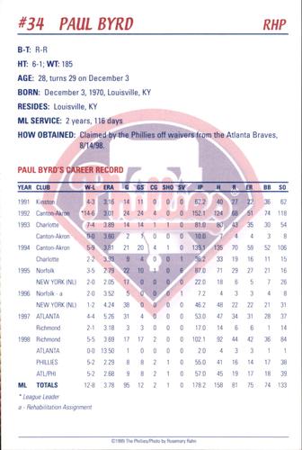 1999 Philadelphia Phillies Photocards #NNO Paul Byrd Back