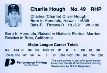 1985 Performance Printing Texas Rangers #NNO Charlie Hough Back