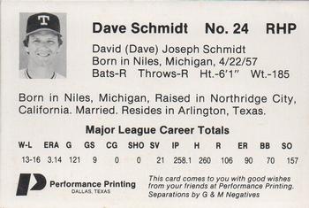 1985 Performance Printing Texas Rangers #NNO Dave Schmidt Back