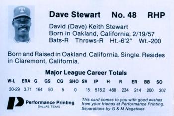 1985 Performance Printing Texas Rangers #NNO Dave Stewart Back