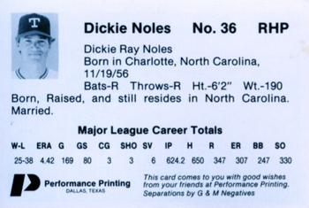 1985 Performance Printing Texas Rangers #NNO Dickie Noles Back
