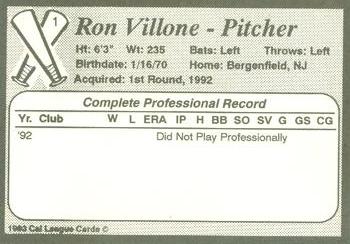 1993 Cal League Riverside Pilots #1 Ron Villone Back