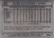 1984-91 Topps Gallery of Champions Pewter Bonuses #620 Jose Canseco Back
