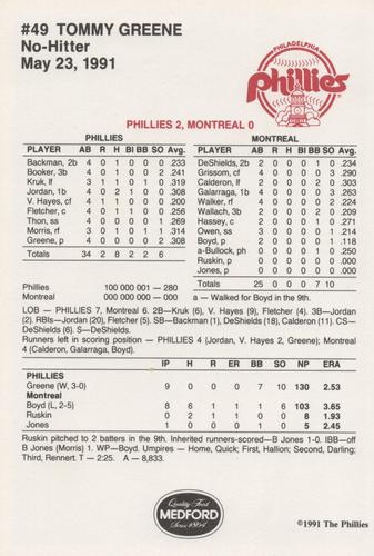 1991 Medford Philadelphia Phillies Update #NNO Tommy Greene Back
