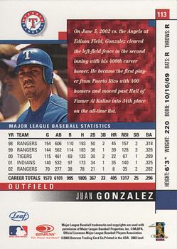 2003 Leaf #113 Juan Gonzalez Back
