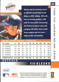 2003 Leaf #232 Ryan Klesko Back
