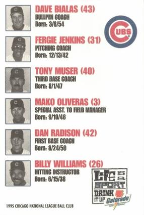 1995 Gatorade Chicago Cubs #NNO Dave Bialas / Fergie Jenkins / Tony Muser / Mako Oliveras / Dan Radison / Billy Williams Back