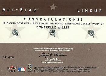2004 Fleer Classic Clippings - All-Star Lineup Swatch #ASL-DW Dontrelle Willis / Luis Castillo / Mike Lowell Back