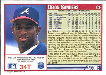 1991 Score Rookie & Traded #34T Deion Sanders Back