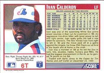 1991 Score Rookie & Traded #6T Ivan Calderon Back