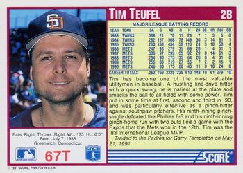 1991 Score Rookie & Traded #67T Tim Teufel Back