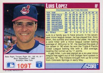 1991 Score Rookie & Traded #109T Luis Lopez Back