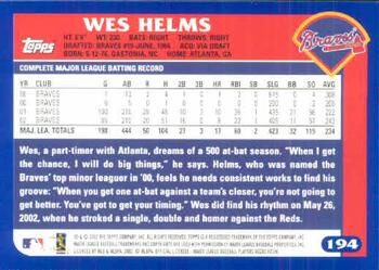 2003 Topps #194 Wes Helms Back