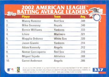 2003 Topps #337 American League Batting Average Leaders Back