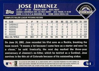 2003 Topps #51 Jose Jimenez Back