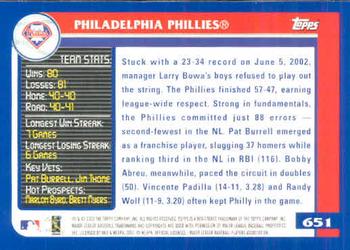 2003 Topps #651 Philadelphia Phillies Back