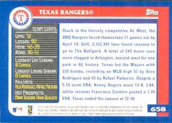 2003 Topps #658 Texas Rangers Back