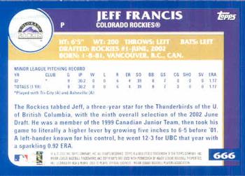 2003 Topps #666 Jeff Francis Back