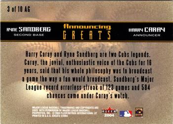 2004 Fleer Greats of the Game - Announcing Greats #3AG Harry Caray / Ryne Sandberg Back