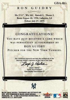 2004 Fleer Greats of the Game - Autographs #GBA-RG Ron Guidry Back