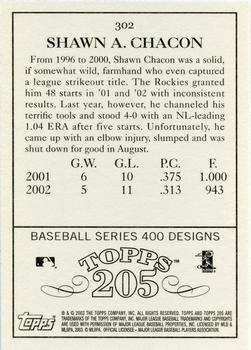 2003 Topps 205 #302 Shawn Chacon Back