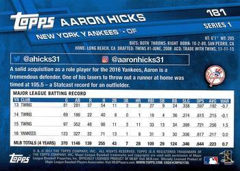 2017 Topps - Limited Edition #181 Aaron Hicks Back