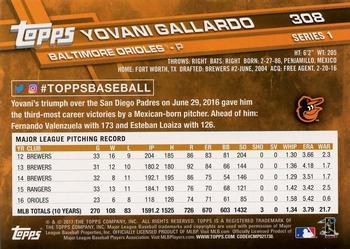 2017 Topps - Limited Edition #308 Yovani Gallardo Back